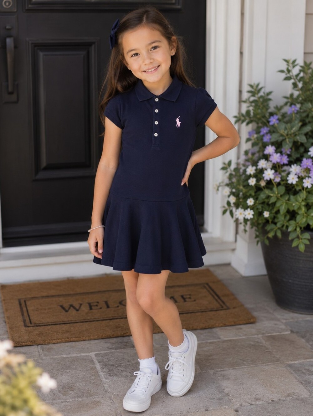 Polo Ralph Lauren Girls Navy Polo Dress Pink Pony Cotton Size S(7) New With Tags